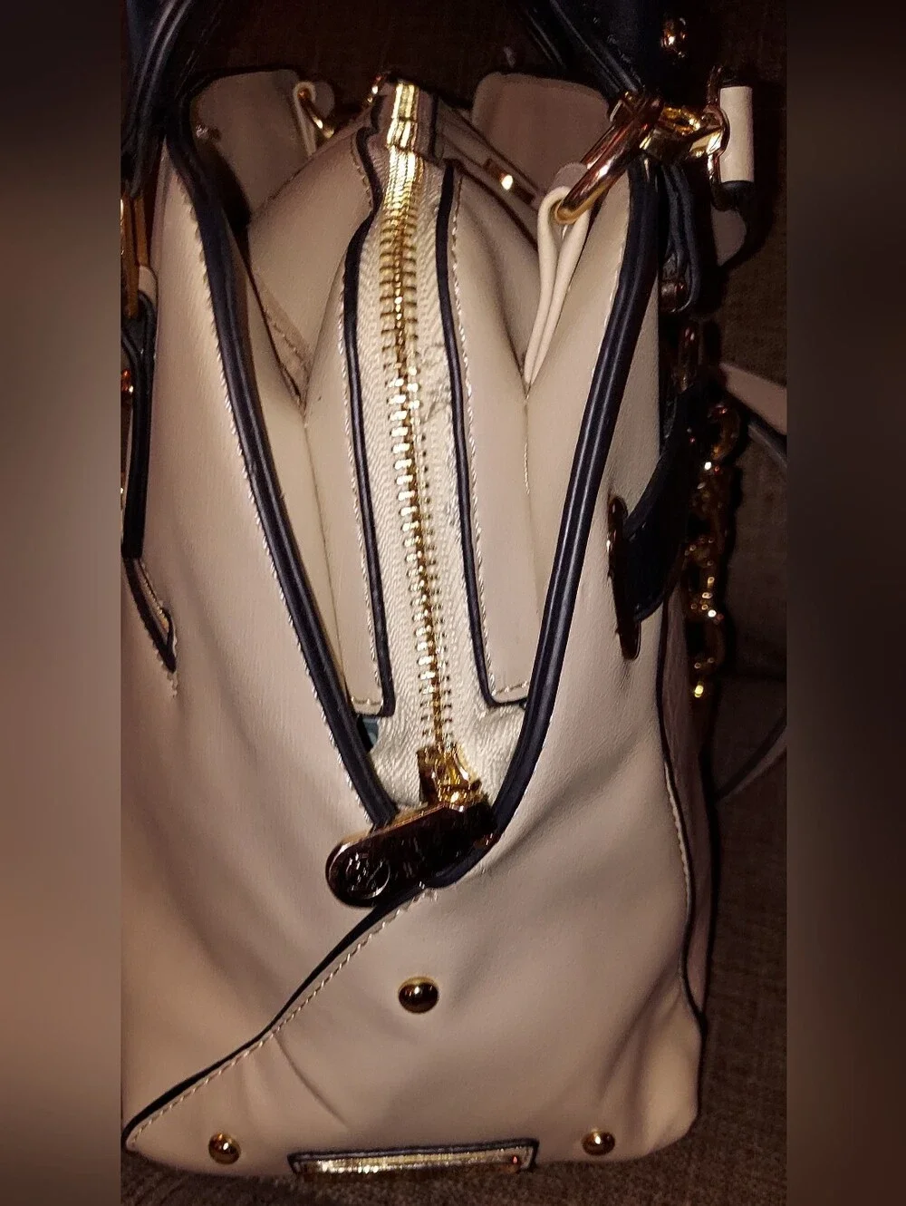 Adrienne Vittadini Cream Croc-Embossed Satchel with Black Trim & Gold Hardware